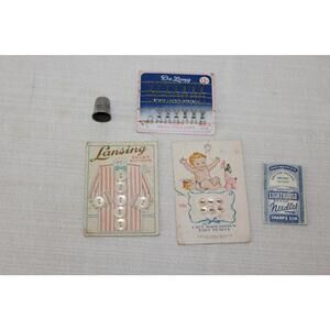 Vintage Sewing Buttons Hooks Thimbles Needles Set